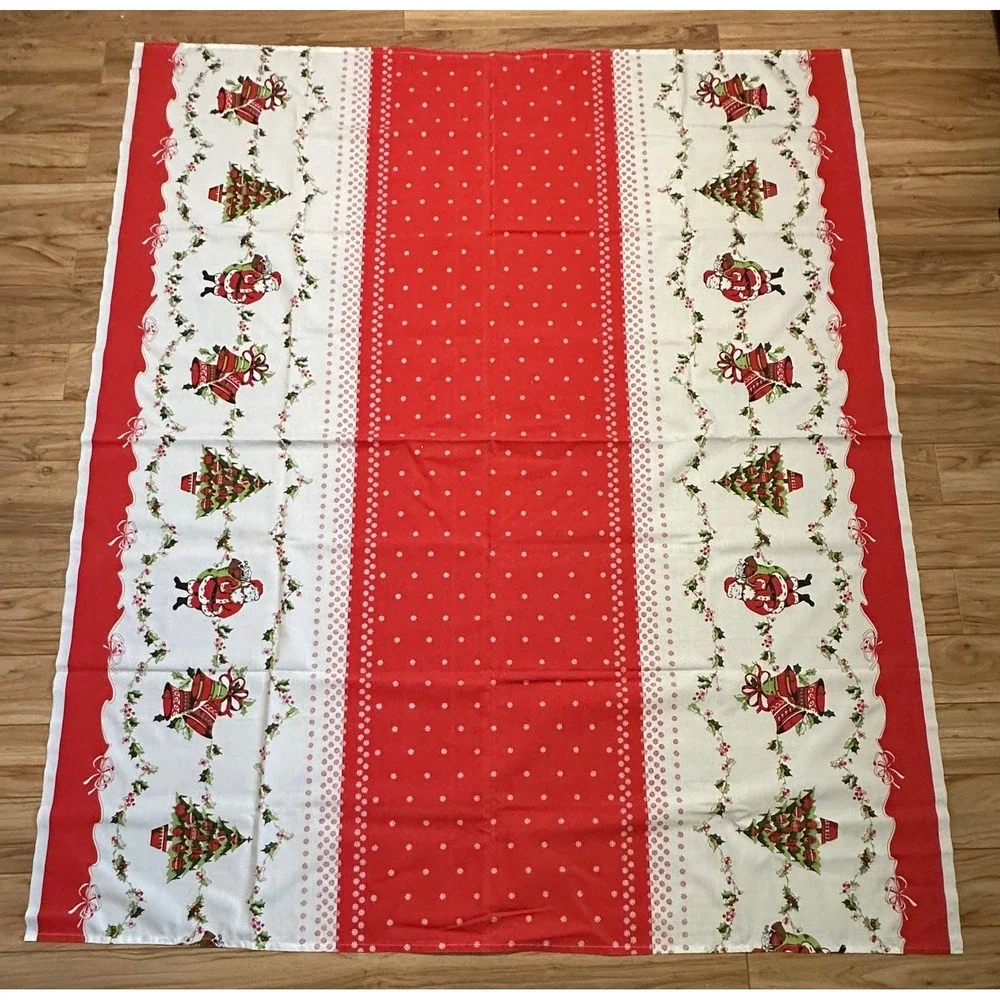 Vintage Christmas Tablecloth Santa Claus Tree Bell Red White Holiday 72x60